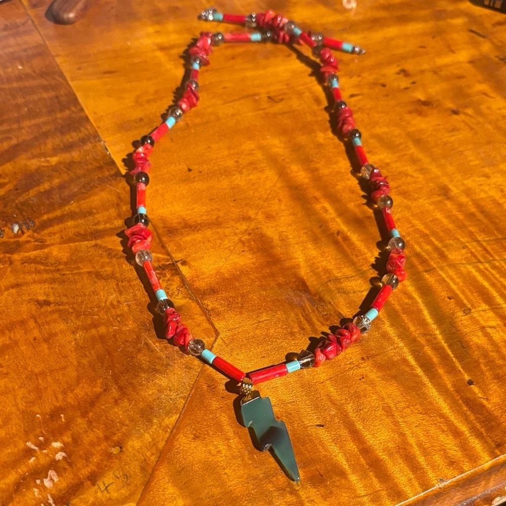 Vibrant Red and Turquoise Beaded Necklace with Pendant